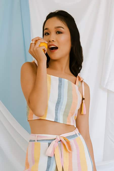 Bohobi_Multi Color Cotton Tassels Square Neck Playful Stripe Print Crop Top And Pant Set _at_Aza_Fashions