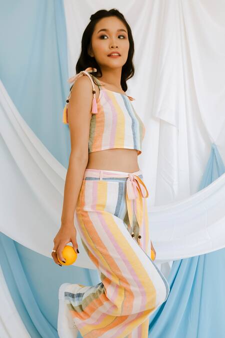Buy_Bohobi_Multi Color Cotton Tassels Square Neck Playful Stripe Print Crop Top And Pant Set 