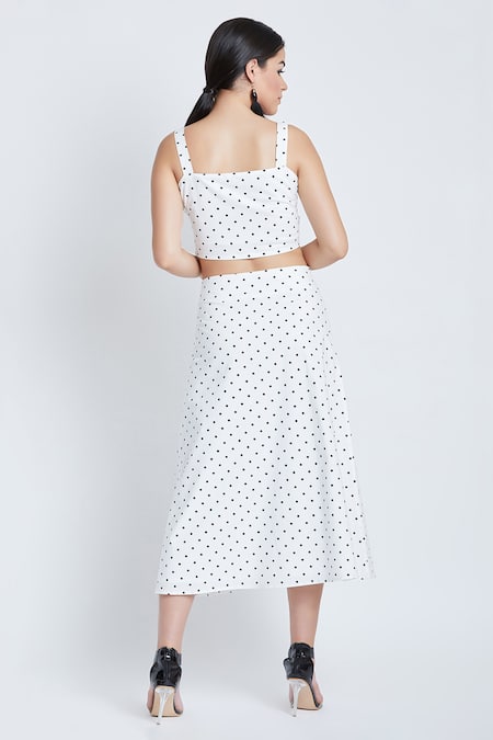 Shop Bohobi White Cotton Square Neck Polka Dot Print Crop Top And Skirt Set at Aza Fashions Shop_Bohobi_White Cotton Square Neck Polka Dot Print Crop Top And Skirt Set _at_Aza_Fashions