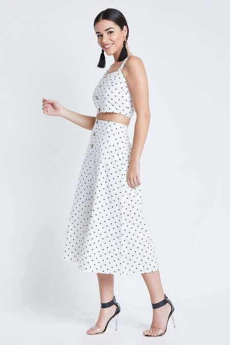 Buy Bohobi White Cotton Square Neck Polka Dot Print Crop Top And Skirt Set Online at Aza Fashions Buy_Bohobi_White Cotton Square Neck Polka Dot Print Crop Top And Skirt Set _Online_at_Aza_Fashions
