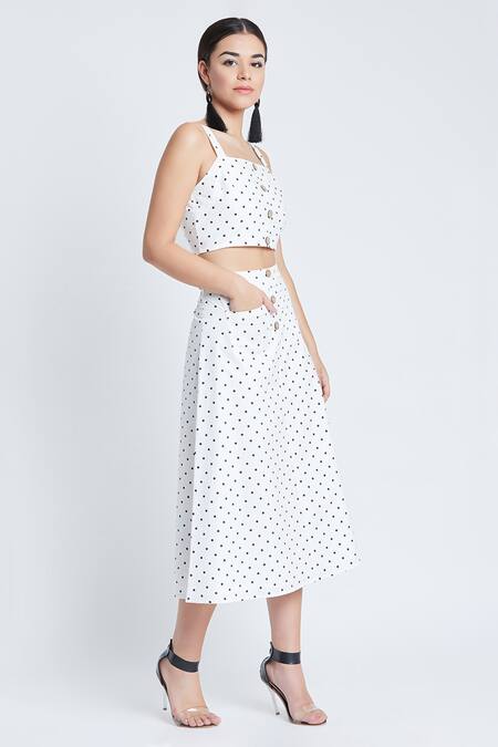 Shop Bohobi White Cotton Square Neck Polka Dot Print Crop Top And Skirt Set Online at Aza Fashions Shop_Bohobi_White Cotton Square Neck Polka Dot Print Crop Top And Skirt Set _Online_at_Aza_Fashions