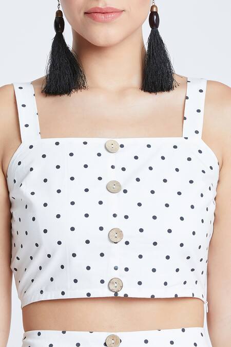 Bohobi White Cotton Square Neck Polka Dot Print Crop Top And Skirt Set at Aza Fashions Bohobi_White Cotton Square Neck Polka Dot Print Crop Top And Skirt Set _at_Aza_Fashions