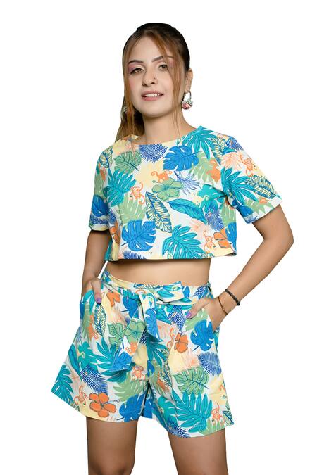Buy_Bohobi_Multi Color Cotton Round Neck The Mood Playful Printed Crop Top And Shorts 