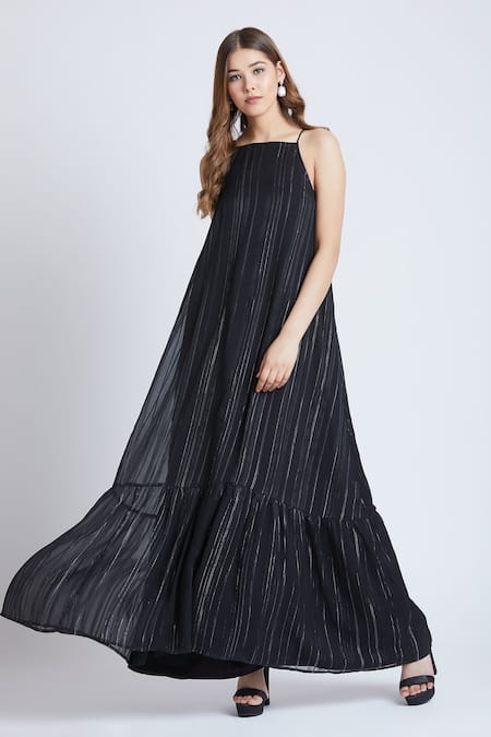 Shop Bohobi Black Georgette Square Neck Stripe Pattern Dress at Aza Fashions Shop_Bohobi_Black Georgette Square Neck Stripe Pattern Dress _at_Aza_Fashions