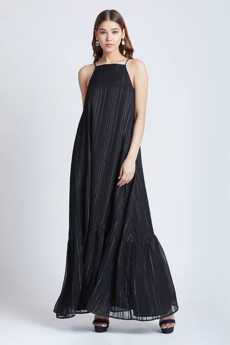 Bohobi Black Georgette Square Neck Stripe Pattern Dress Online at Aza Fashions Bohobi_Black Georgette Square Neck Stripe Pattern Dress _Online_at_Aza_Fashions