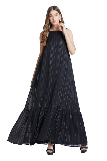 Buy Bohobi Black Georgette Square Neck Stripe Pattern Dress Online at Aza Fashions Buy_Bohobi_Black Georgette Square Neck Stripe Pattern Dress _Online_at_Aza_Fashions