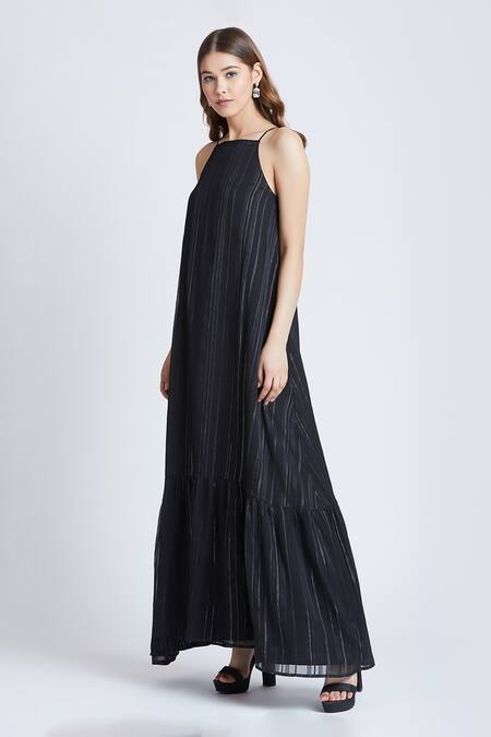 Shop Bohobi Black Georgette Square Neck Stripe Pattern Dress Online at Aza Fashions Shop_Bohobi_Black Georgette Square Neck Stripe Pattern Dress _Online_at_Aza_Fashions