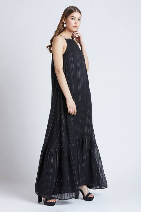 Bohobi Black Georgette Square Neck Stripe Pattern Dress at Aza Fashions Bohobi_Black Georgette Square Neck Stripe Pattern Dress _at_Aza_Fashions