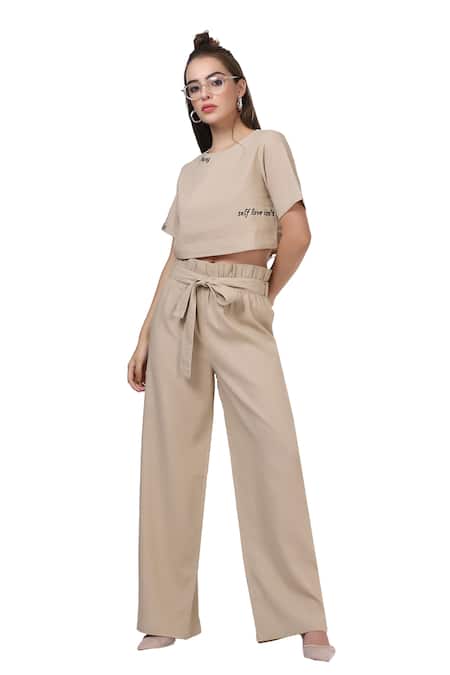 Bohobi Beige Linen Embroidery Round Neck Slogan Typography Print Crop Top And Pant Set Online at Aza Fashions Bohobi_Beige Linen Embroidery Round Neck Slogan Typography Print Crop Top And Pant Set _Online_at_Aza_Fashions
