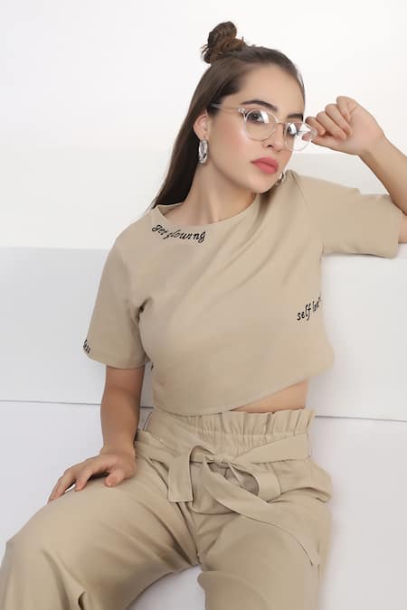 Bohobi Beige Linen Embroidery Round Neck Slogan Typography Print Crop Top And Pant Set at Aza Fashions Bohobi_Beige Linen Embroidery Round Neck Slogan Typography Print Crop Top And Pant Set _at_Aza_Fashions