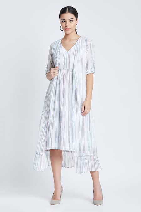 Bohobi White Cotton Printed Stripe Dress V Neck Soft And Sweet With Shrug 