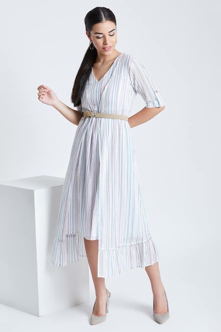 Bohobi White Cotton V-, Open Soft And Sweet Printed Dress With Shrug Online at Aza Fashions Bohobi_White Cotton V-, Open Soft And Sweet Printed Dress With Shrug _Online_at_Aza_Fashions