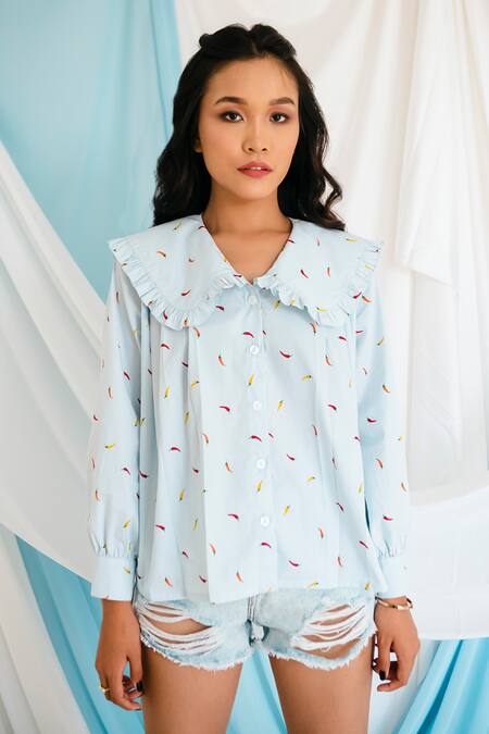 Bohobi_Blue Cotton Printed Spicy Chilli Peter Pan Collar Shirt_Online_at_Aza_Fashions