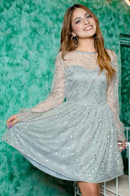 Bohobi Grey Net Embroidery Round Neck Stars All Night Dress Online at Aza Fashions Bohobi_Grey Net Embroidery Round Neck Stars All Night Dress _Online_at_Aza_Fashions