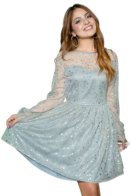 Buy Bohobi Grey Net Embroidery Round Neck Stars All Night Dress Online at Aza Fashions Buy_Bohobi_Grey Net Embroidery Round Neck Stars All Night Dress _Online_at_Aza_Fashions