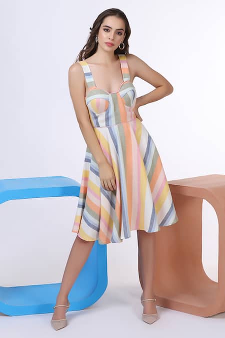 Shop_Bohobi_Multi Color Linen Sweetheart Neck Stripe Print Dress _at_Aza_Fashions