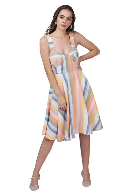 Shop_Bohobi_Multi Color Linen Sweetheart Neck Stripe Print Dress _Online_at_Aza_Fashions