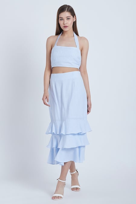 Bohobi Blue Cotton Printed Stripe Square Swing With Me Crop Top And Skirt Set 