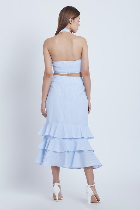 Bohobi Blue Stripe Printed Crop Top & Skirt Set 