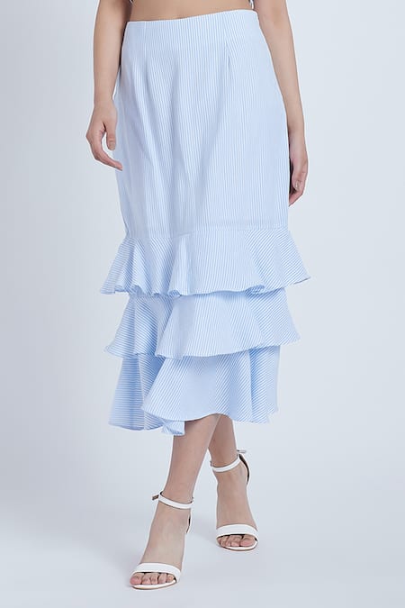 Bohobi Blue Cotton Square Neck Stripe Printed Crop Top And Skirt Set Online at Aza Fashions Bohobi_Blue Cotton Square Neck Stripe Printed Crop Top And Skirt Set _Online_at_Aza_Fashions