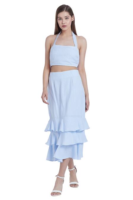 Buy Bohobi Blue Cotton Square Neck Stripe Printed Crop Top And Skirt Set Online at Aza Fashions Buy_Bohobi_Blue Cotton Square Neck Stripe Printed Crop Top And Skirt Set _Online_at_Aza_Fashions