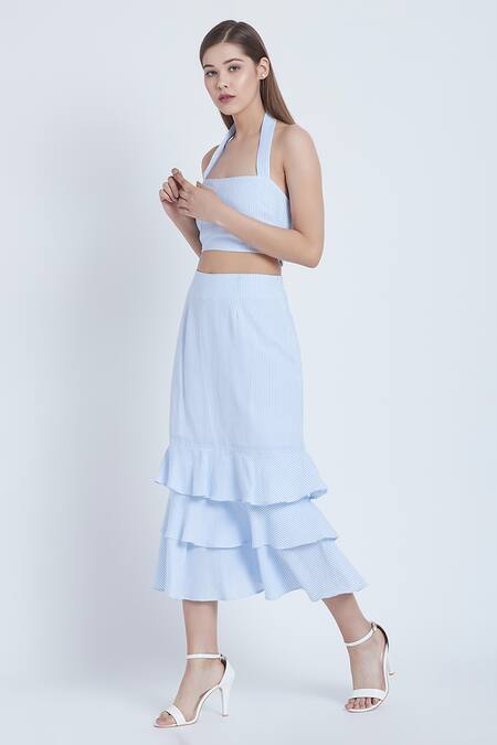 Shop Bohobi Blue Cotton Square Neck Stripe Printed Crop Top And Skirt Set Online at Aza Fashions Shop_Bohobi_Blue Cotton Square Neck Stripe Printed Crop Top And Skirt Set _Online_at_Aza_Fashions