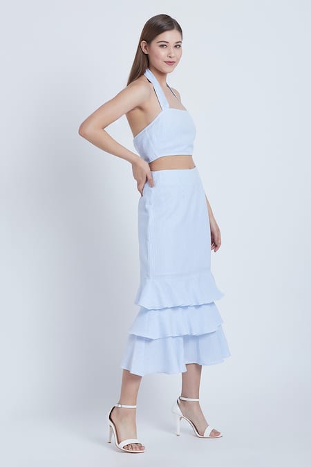 Bohobi Blue Cotton Square Neck Stripe Printed Crop Top And Skirt Set at Aza Fashions Bohobi_Blue Cotton Square Neck Stripe Printed Crop Top And Skirt Set _at_Aza_Fashions