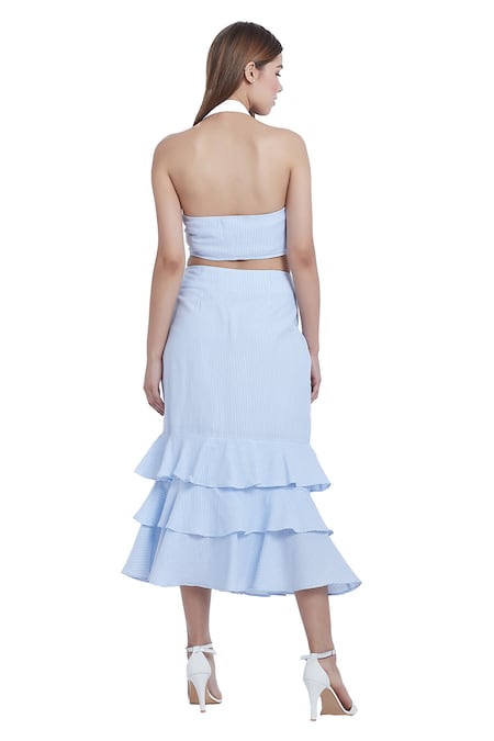 Buy Bohobi Blue Cotton Square Neck Stripe Printed Crop Top And Skirt Set Buy_Bohobi_Blue Cotton Square Neck Stripe Printed Crop Top And Skirt Set
