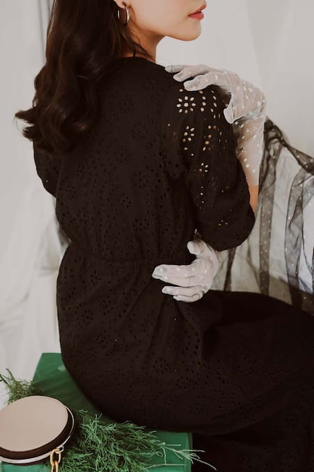 Bohobi_Black Cotton Embroidery V-neck Floral Cutwork Pattern Dress _Online_at_Aza_Fashions