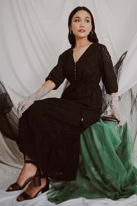 Buy_Bohobi_Black Cotton Embroidery V-neck Floral Cutwork Pattern Dress _Online_at_Aza_Fashions