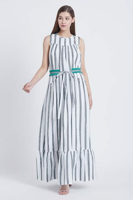 Bohobi White Cotton Printed Stripe Round Vacation Mode Dress 