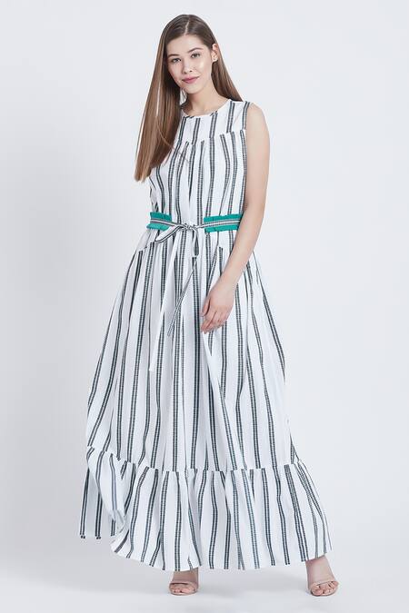 Bohobi_White Cotton Round Neck Vacation Mode Stripe Print Dress _Online_at_Aza_Fashions