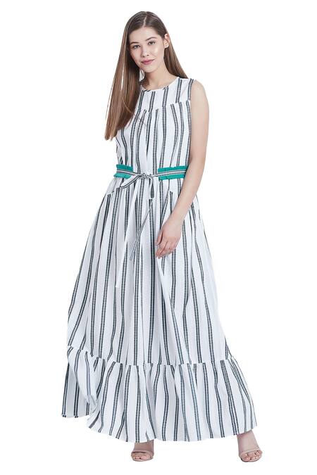 Buy_Bohobi_White Cotton Round Neck Vacation Mode Stripe Print Dress _Online_at_Aza_Fashions