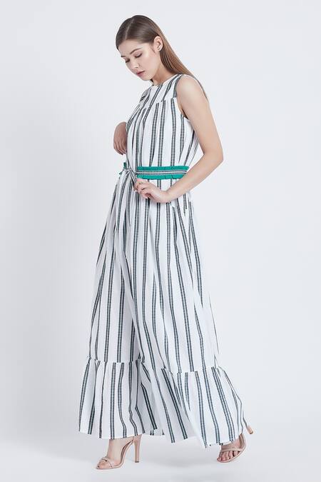 Shop_Bohobi_White Cotton Round Neck Vacation Mode Stripe Print Dress _Online_at_Aza_Fashions