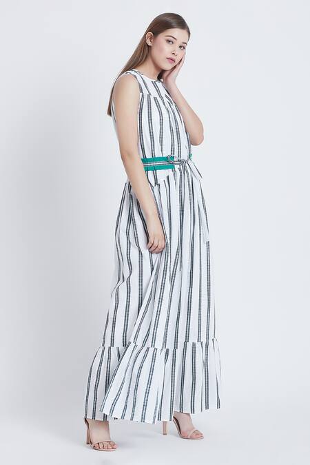 Bohobi_White Cotton Round Neck Vacation Mode Stripe Print Dress _at_Aza_Fashions