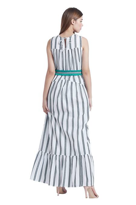 Buy_Bohobi_White Cotton Round Neck Vacation Mode Stripe Print Dress 