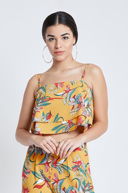 Bohobi_Yellow Cotton, Crepe Square Neck Wild Thing Floral Print Crop Top And Pant Set _Online_at_Aza_Fashions