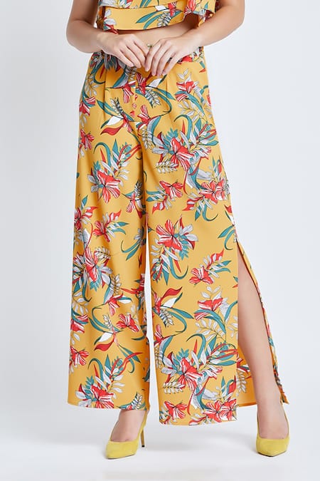 Buy_Bohobi_Yellow Cotton, Crepe Square Neck Wild Thing Floral Print Crop Top And Pant Set _Online_at_Aza_Fashions