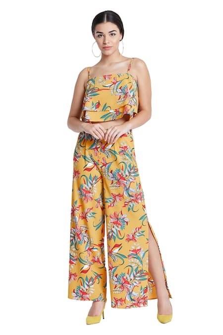 Shop_Bohobi_Yellow Cotton, Crepe Square Neck Wild Thing Floral Print Crop Top And Pant Set _Online_at_Aza_Fashions