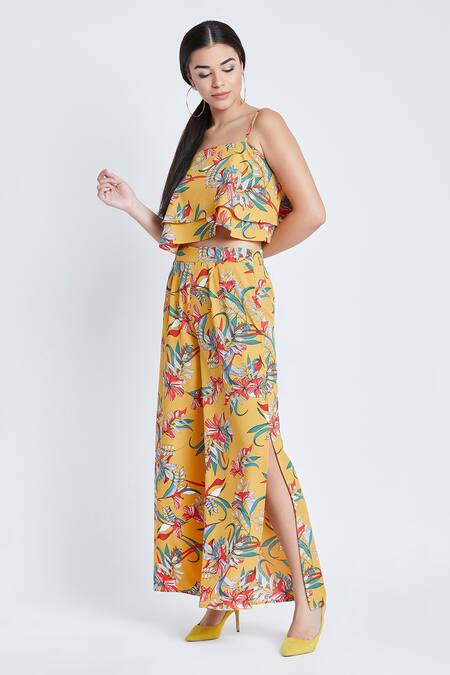 Bohobi_Yellow Cotton, Crepe Square Neck Wild Thing Floral Print Crop Top And Pant Set _at_Aza_Fashions
