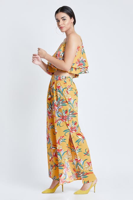 Buy_Bohobi_Yellow Cotton, Crepe Square Neck Wild Thing Floral Print Crop Top And Pant Set 