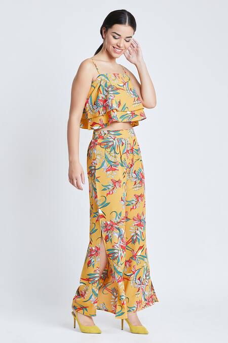 Shop_Bohobi_Yellow Cotton, Crepe Square Neck Wild Thing Floral Print Crop Top And Pant Set 