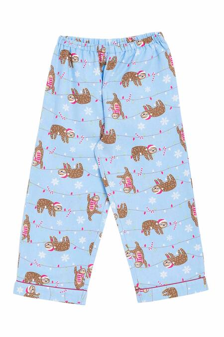 Bohobi_Blue Flannel Adorable Animal Night Suit Pant Set _Online_at_Aza_Fashions