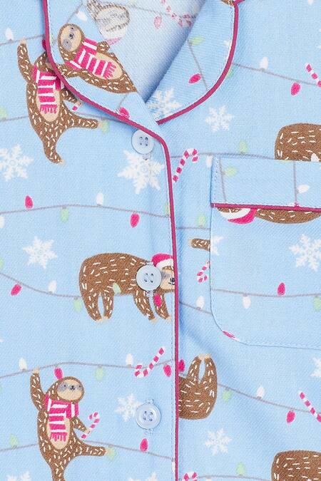 Buy_Bohobi_Blue Flannel Adorable Animal Night Suit Pant Set _Online_at_Aza_Fashions
