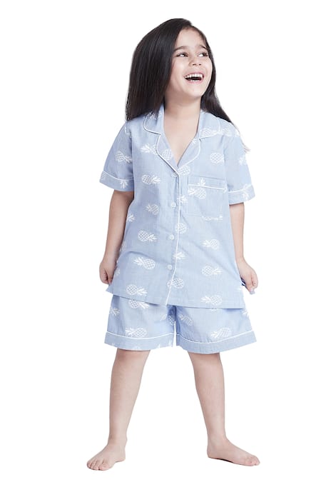 Bohobi Blue Cotton Beachy Babe Printed Night Suit Shorts Set Online at Aza Fashions Bohobi_Blue Cotton Beachy Babe Printed Night Suit Shorts Set _Online_at_Aza_Fashions