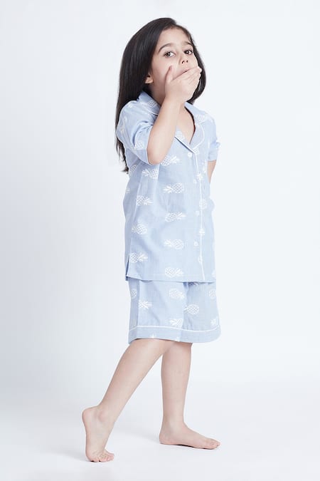 Bohobi Blue Cotton Beachy Babe Printed Night Suit Shorts Set at Aza Fashions Bohobi_Blue Cotton Beachy Babe Printed Night Suit Shorts Set _at_Aza_Fashions