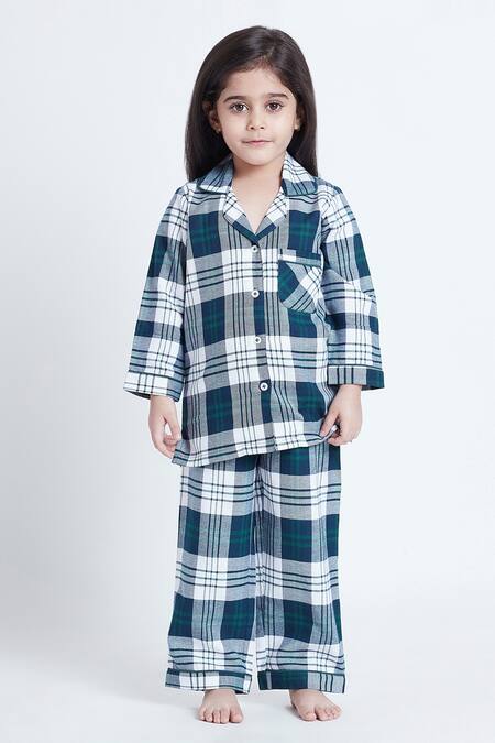 Bohobi_Blue Cotton Check Out Shirt And Pant Night Suit Set _Online_at_Aza_Fashions