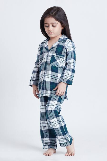 Bohobi_Blue Cotton Check Out Shirt And Pant Night Suit Set _at_Aza_Fashions