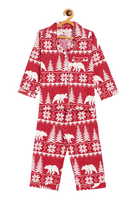 Bohobi Red Flannel Printed Christmas Joy Night Suit Pant Set 