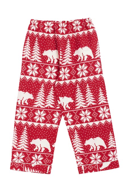 Bohobi_Red Flannel Embroidery Christmas Joy Night Suit Pant Set _Online_at_Aza_Fashions
